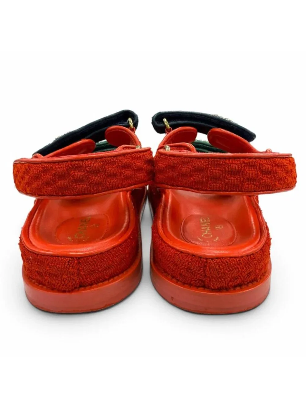 Chanel 22S Leather CC Logo Velcro Sandals Red Navy Green